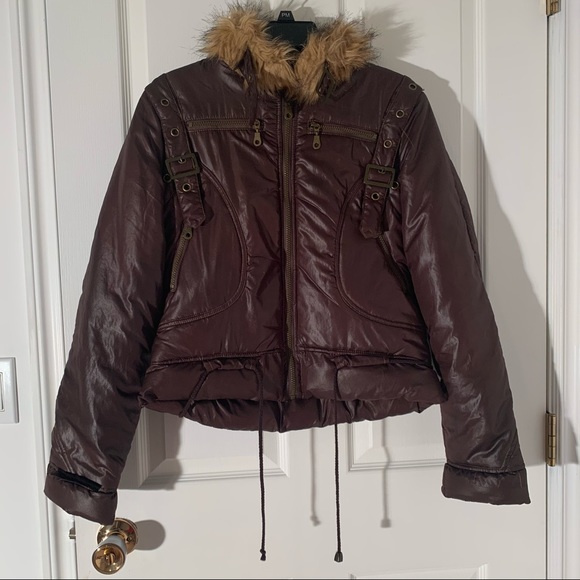 Good & Cool European stylish puffer jacket with faux fur collar brown waterproof - Picture 2 of 7
